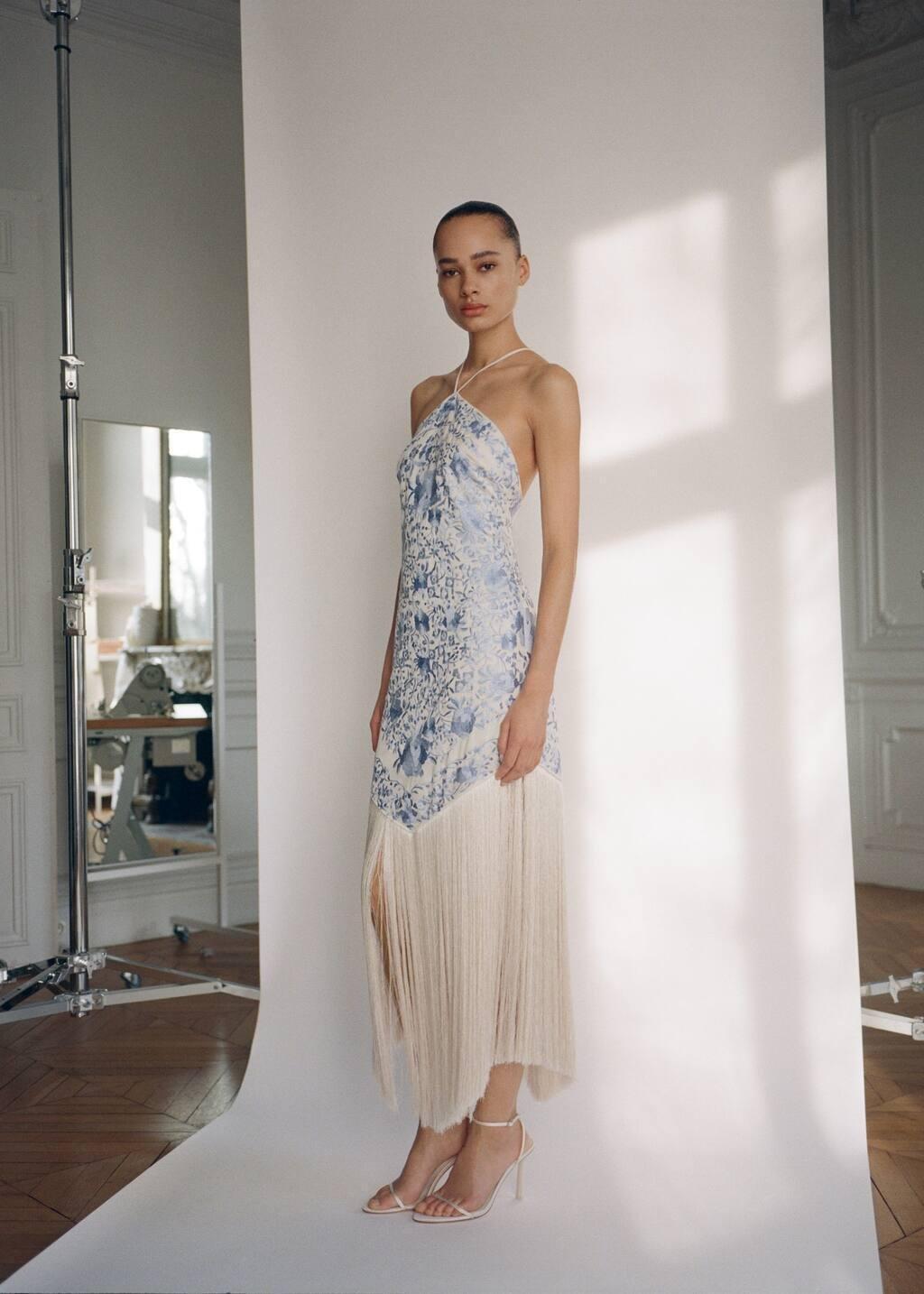 Blue Floral-Embroidered Dress With Fringe Detail, , large image number 5