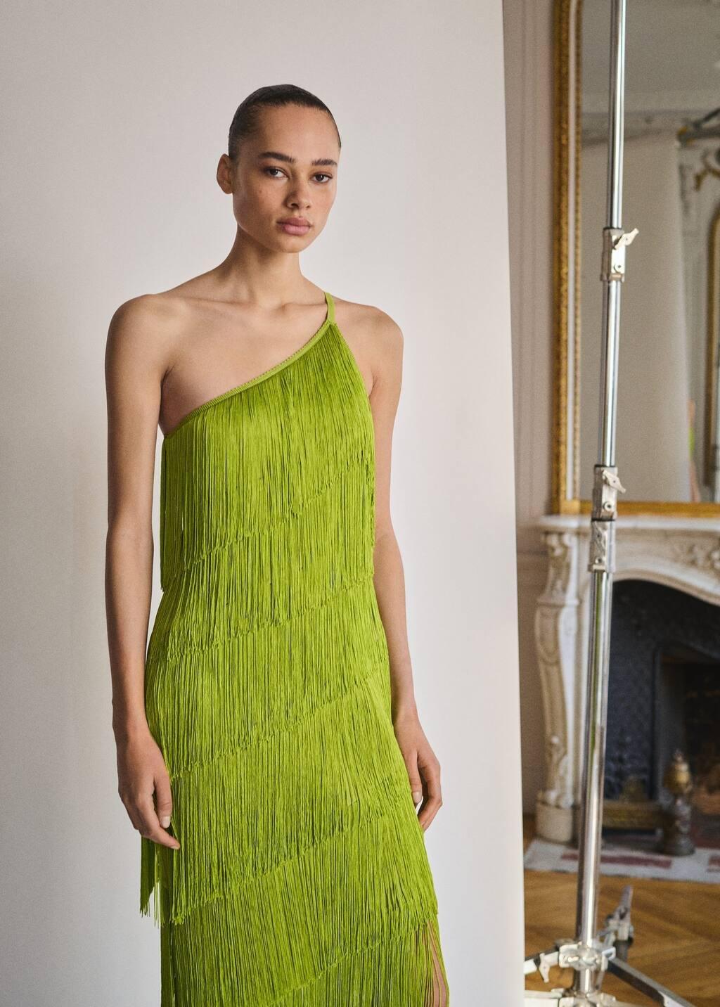 Yellow Asymmetrical Fringed Midi-Dress, , medium