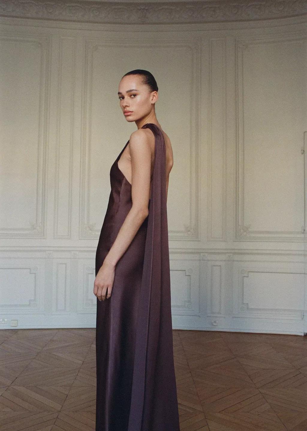 Brown Asymmetrical Bow-Neck Dress, , large image number 0