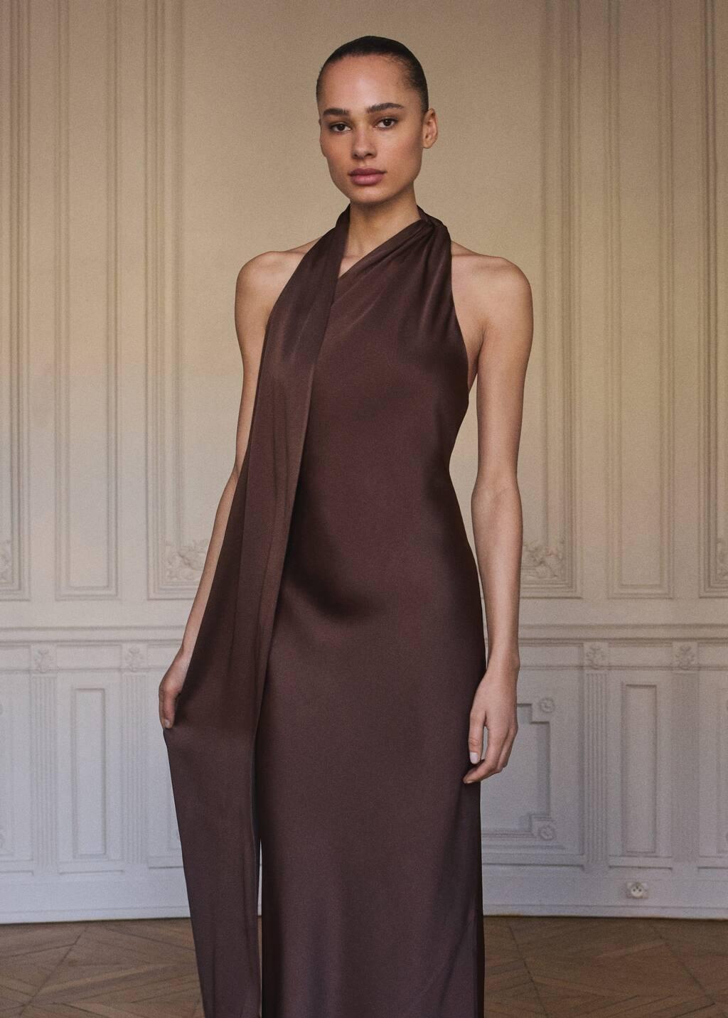 Brown Asymmetrical Bow-Neck Dress, , large image number 1