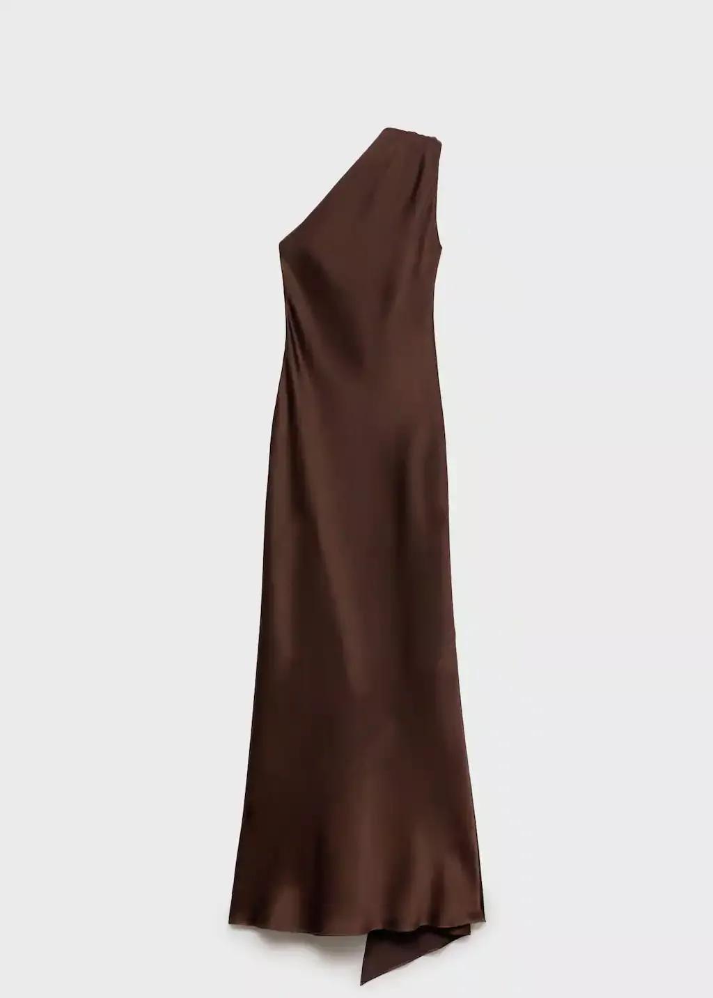 Brown Asymmetrical Bow-Neck Dress, , large image number 3