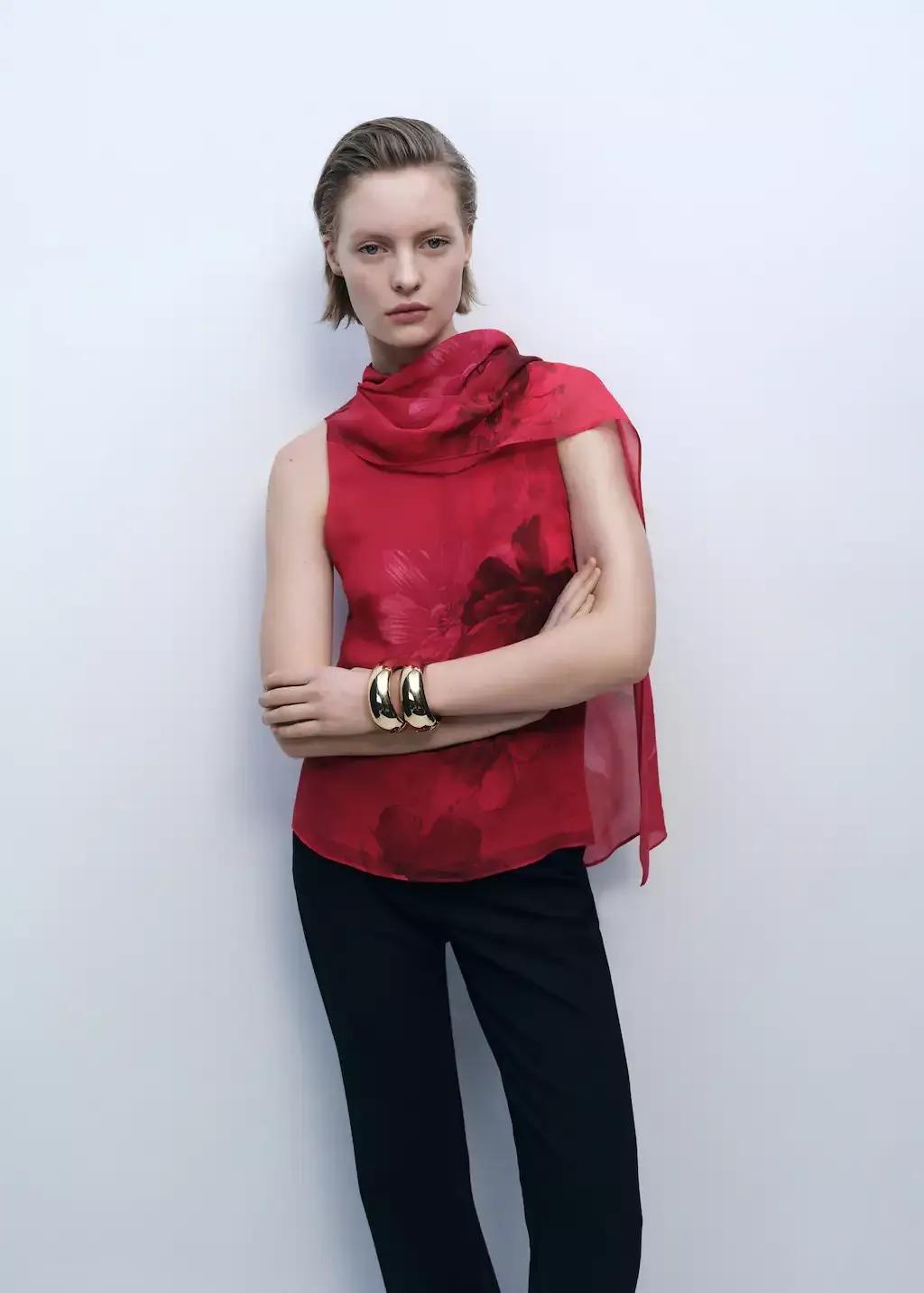 Red Floral Blouse With Scarf, , large image number 0