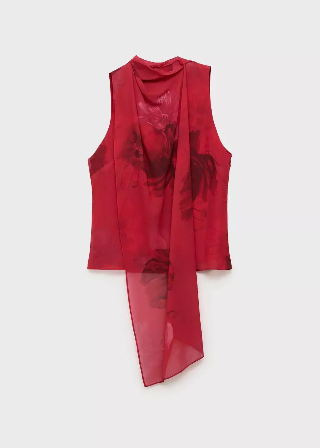 Red Floral Blouse With Scarf, , large image number 3