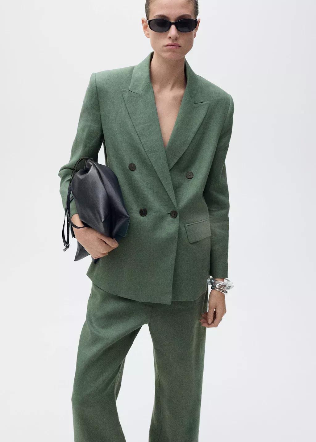 Green Straight Linen-Blend Trousers, , large image number 1