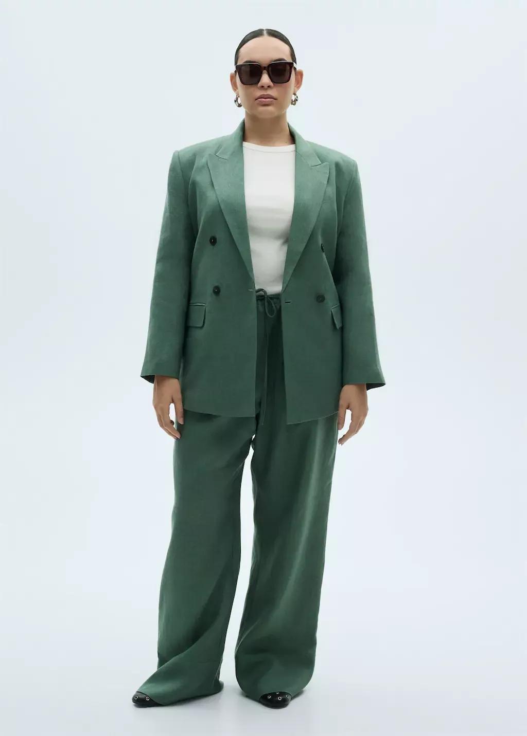 Green Straight Linen-Blend Trousers, , large image number 2