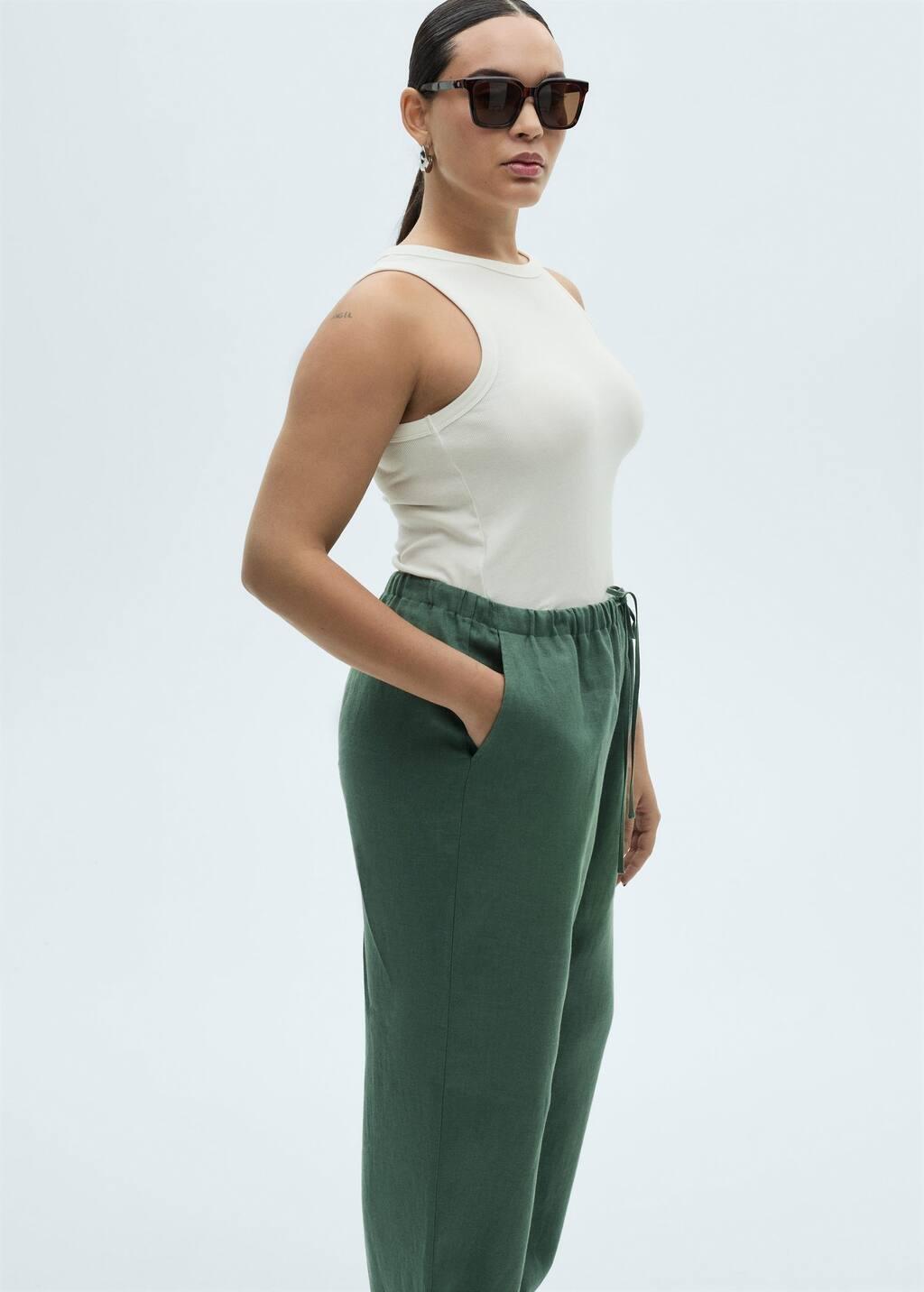 Green Straight Linen-Blend Trousers, , large image number 4