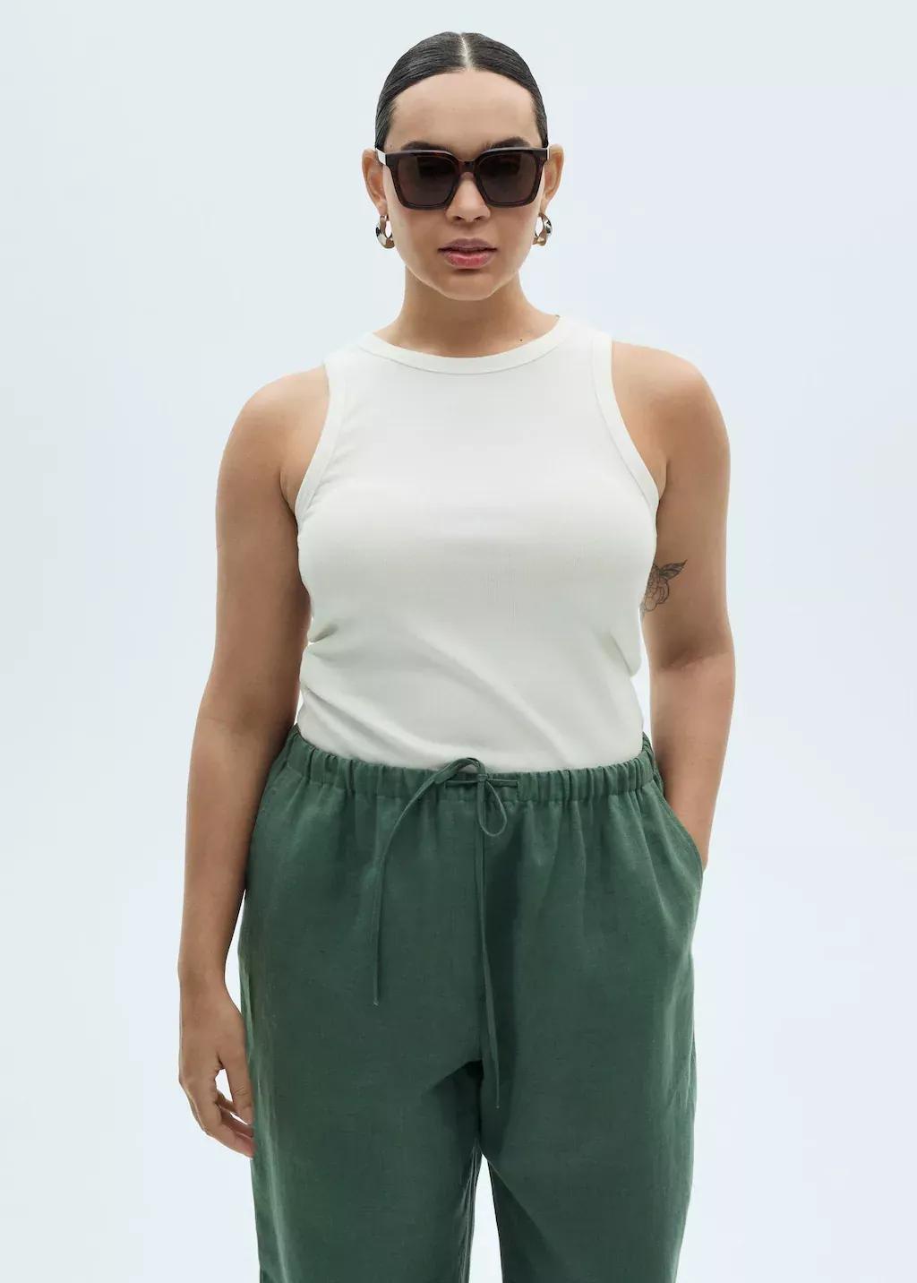 Green Straight Linen-Blend Trousers, , large image number 5