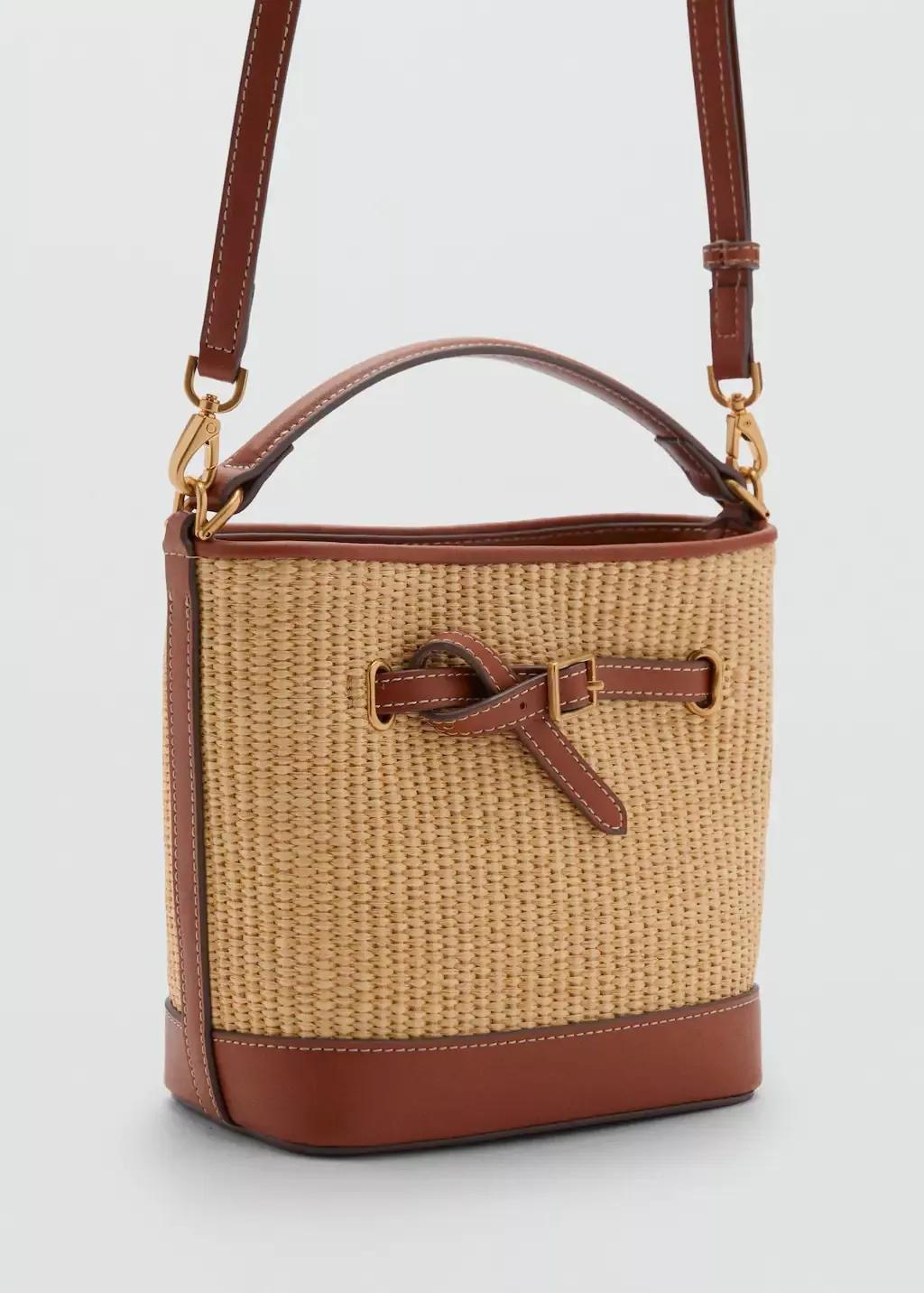 Brown Raffia-Effect Bucket Bag, , medium