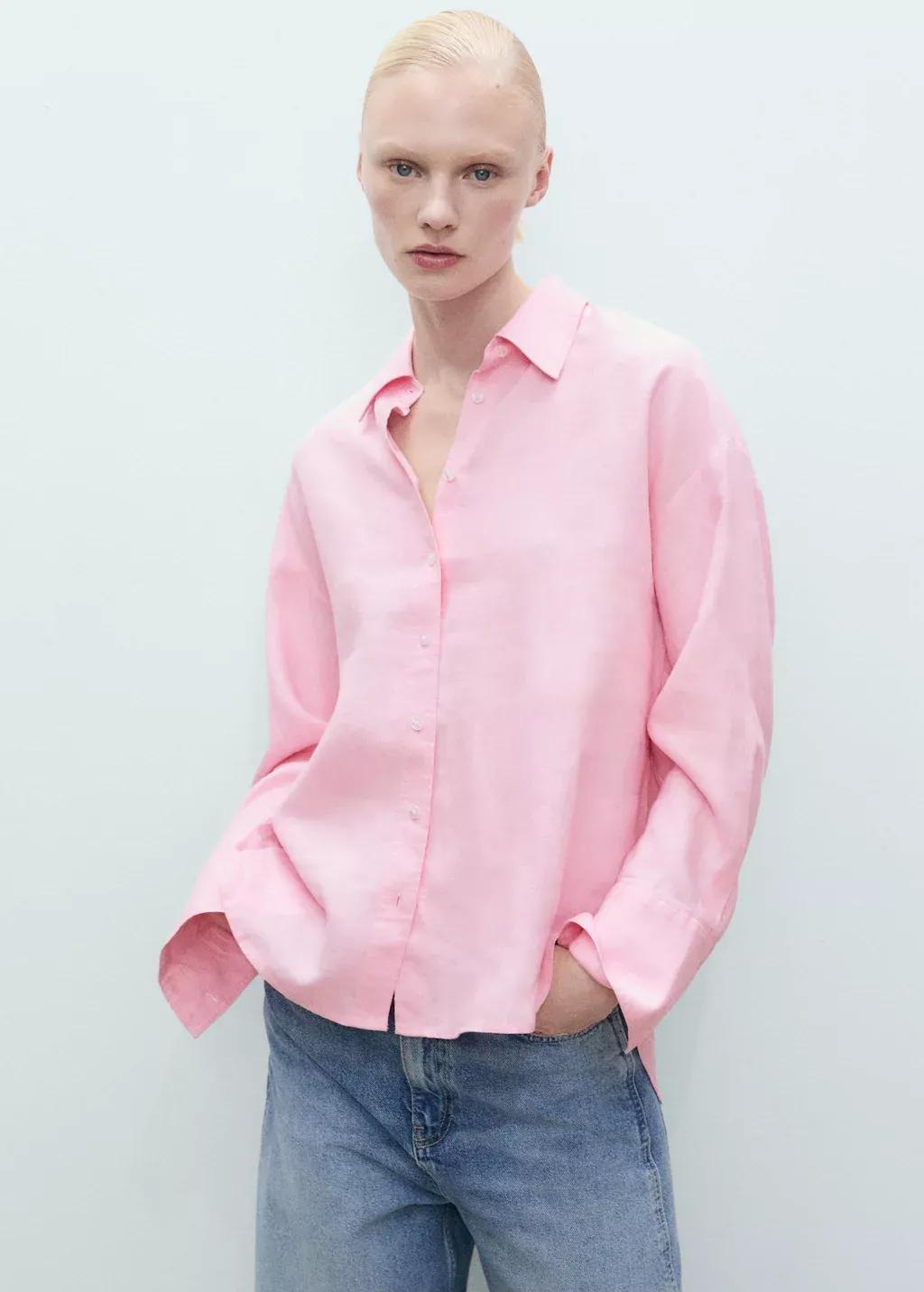 LT-PASTEL PINK Linen oversized shirt, , large image number 0
