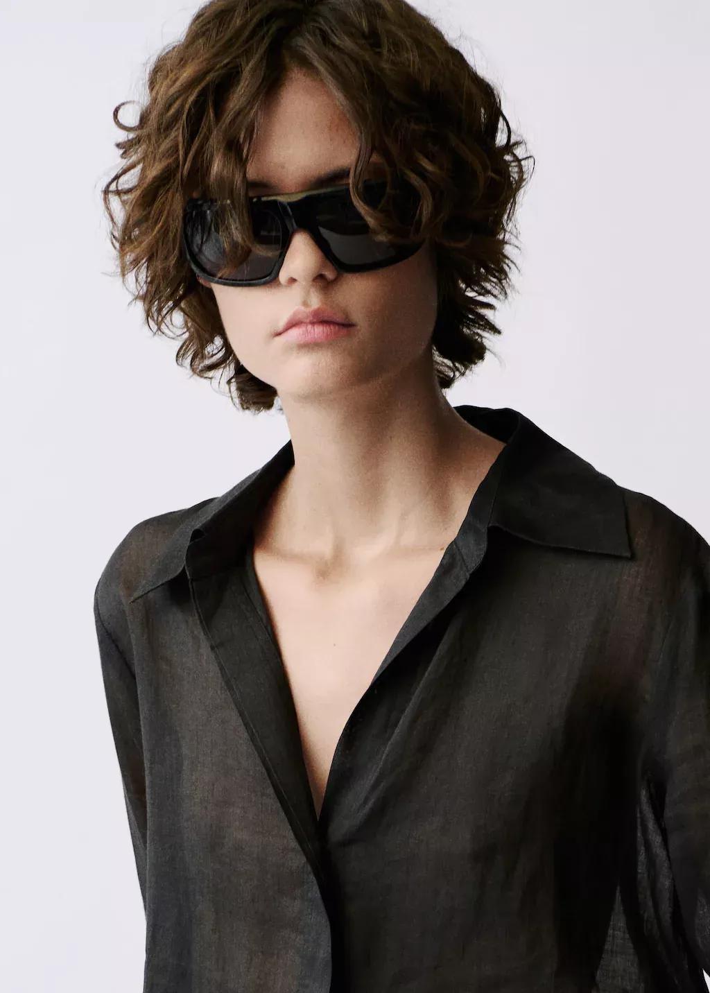 Black Ramie Shirt With Hidden Buttons, , large image number 0