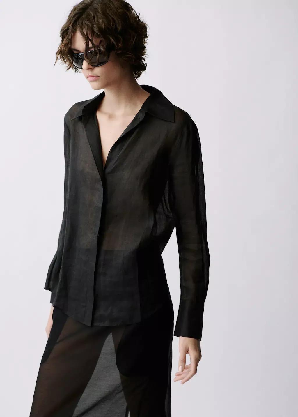Black Ramie Shirt With Hidden Buttons, , large image number 2