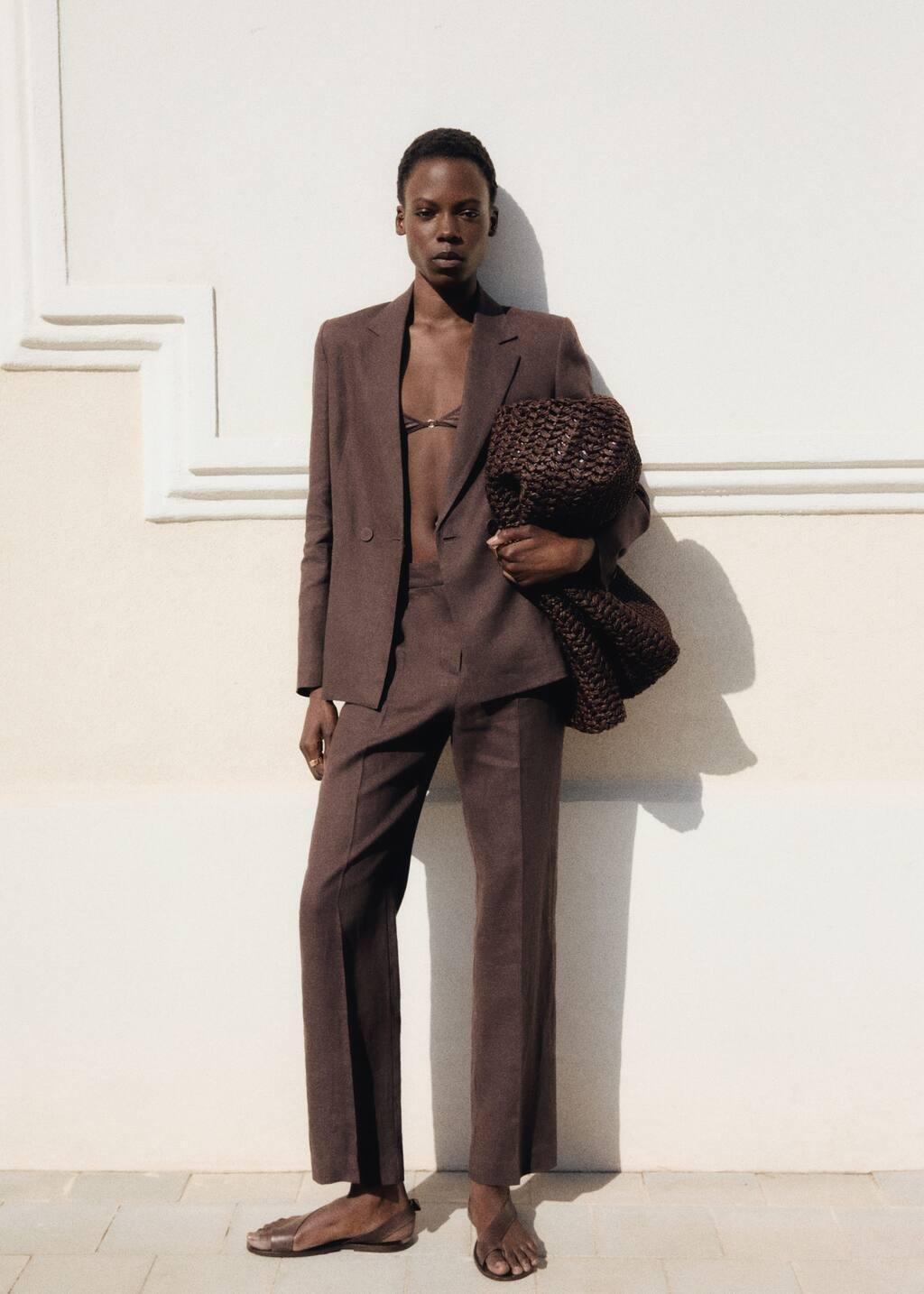 Brown Linen Suit Jacket, Brown, large image number 3