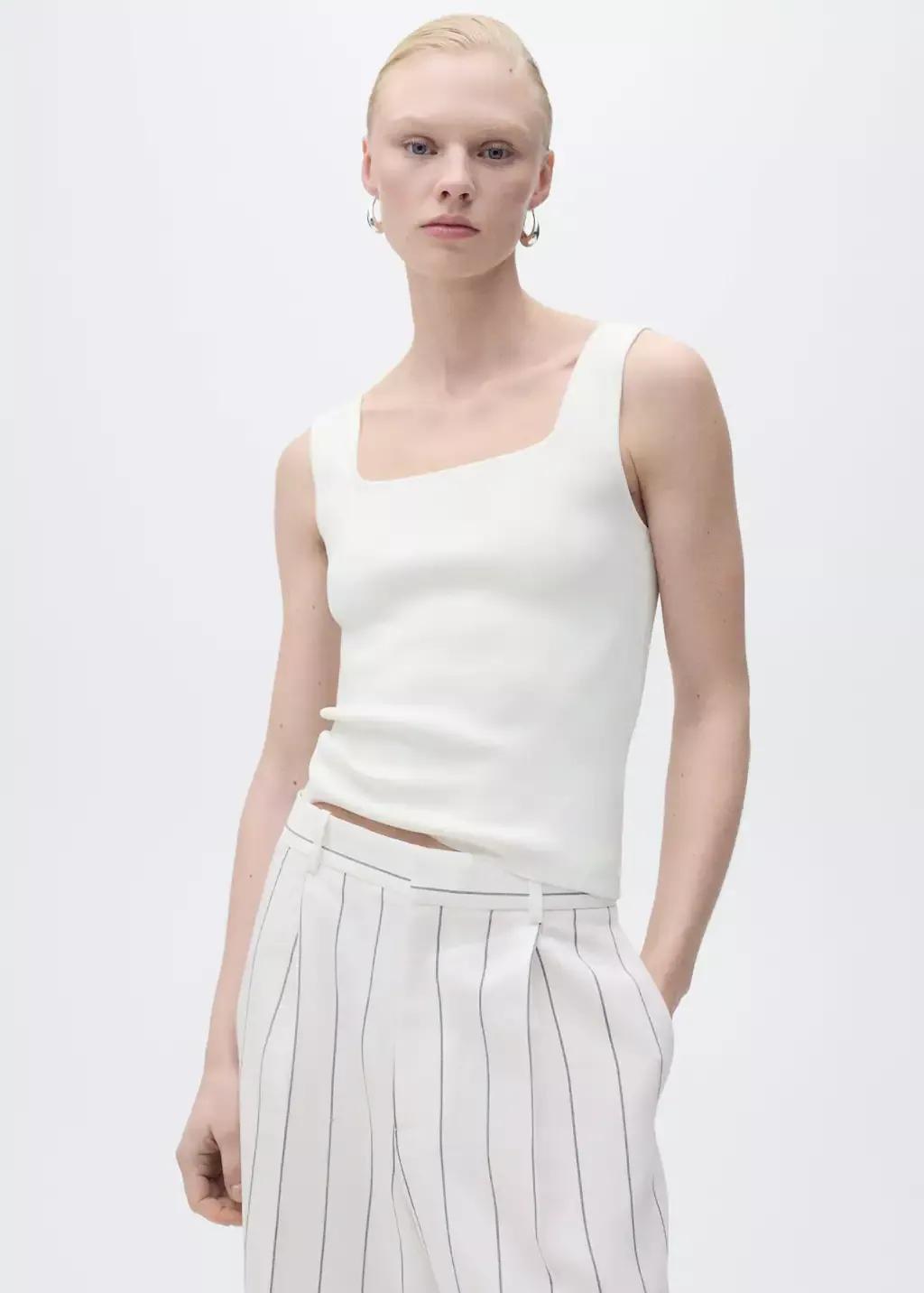 White Fine Knit Top With Low Neckline, , large image number 0