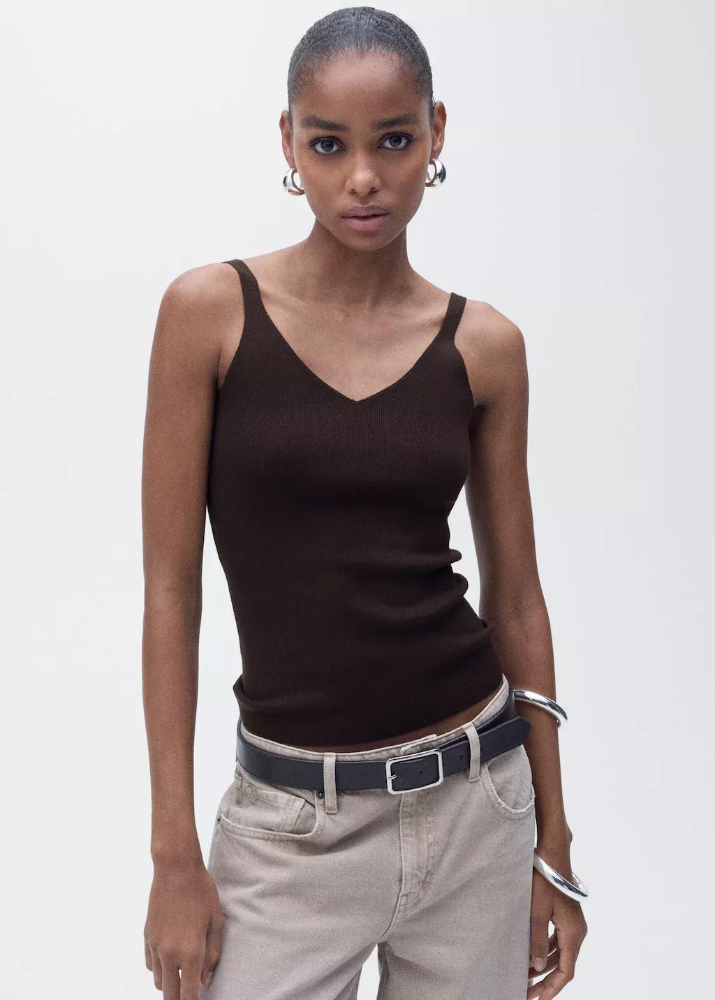 Brown V-Neck Knit Top, , large image number 0