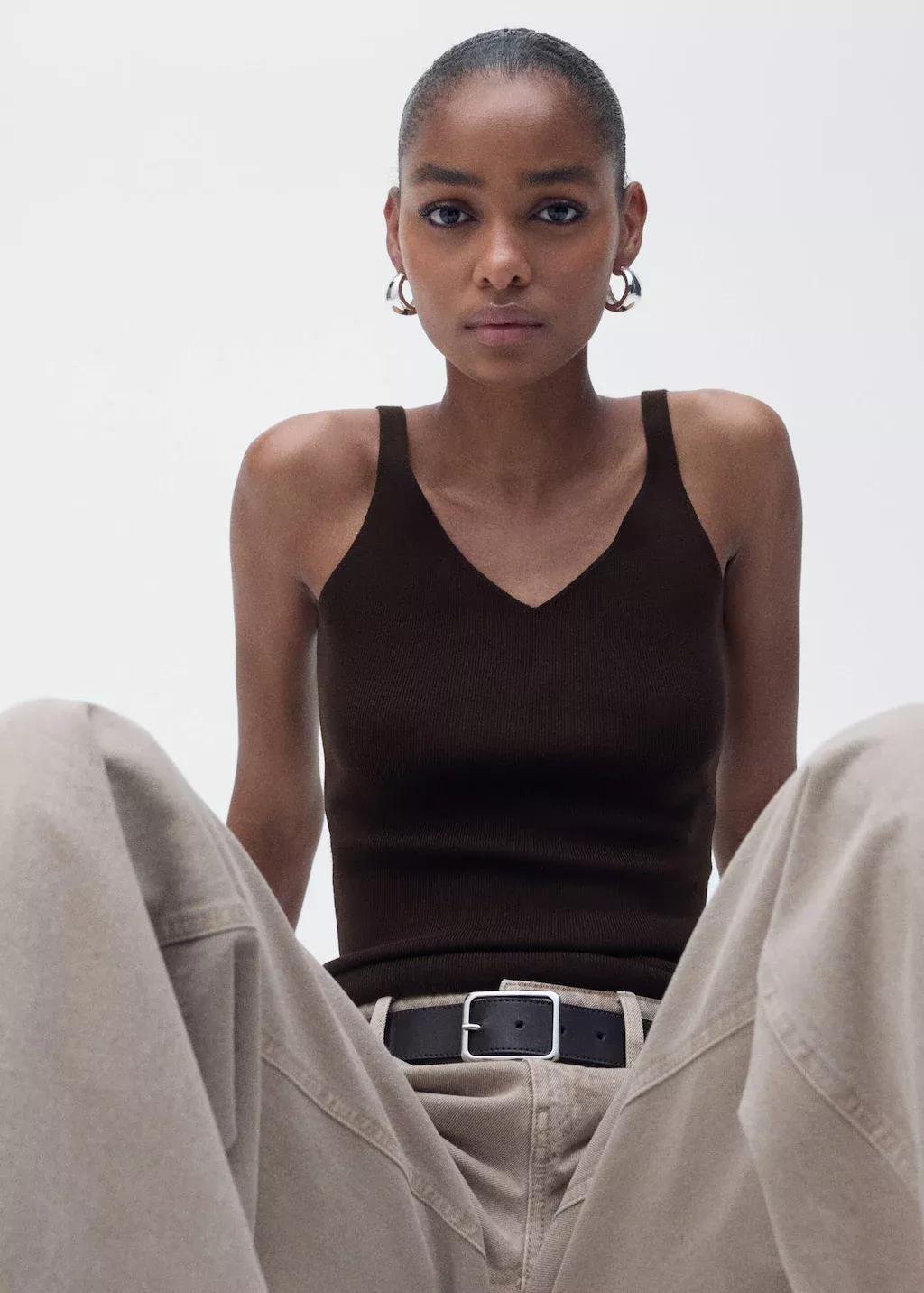 Brown V-Neck Knit Top, , large image number 1
