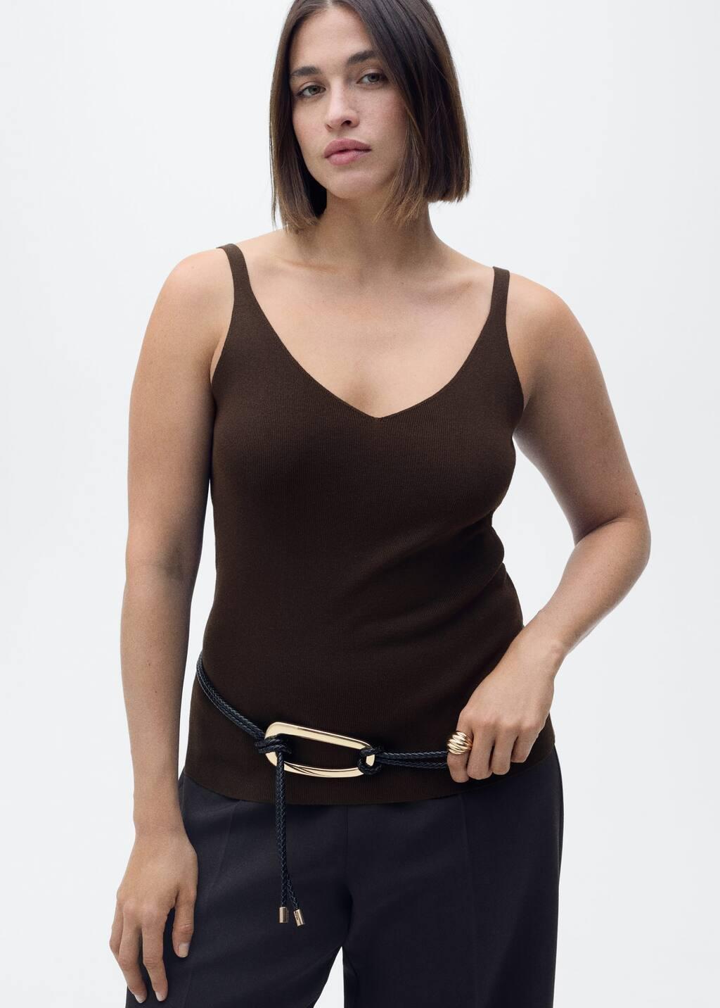 Brown V-Neck Knit Top, , large image number 5