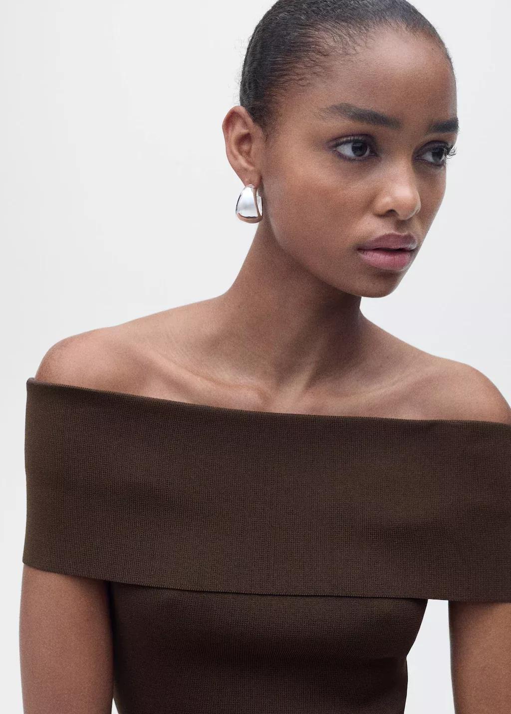 DARK BROWN Off-the-shoulder knitted top, , large image number 1