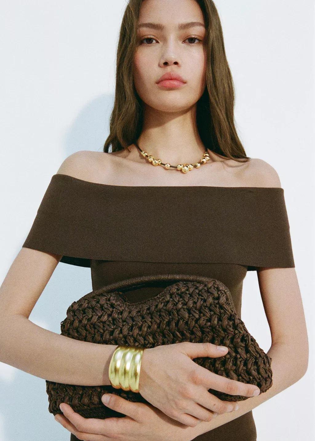 DARK BROWN Off-the-shoulder knitted top, , large image number 5