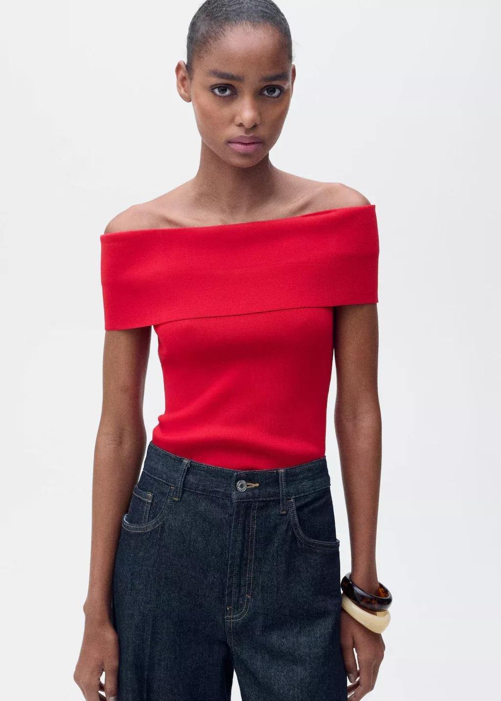 Red Off-The-Shoulder Knitted Top, , large image number 0