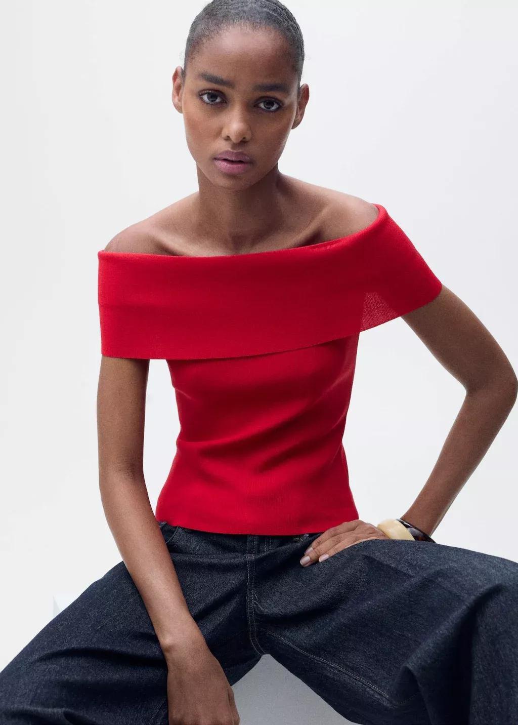 Red Off-The-Shoulder Knitted Top, , large image number 2