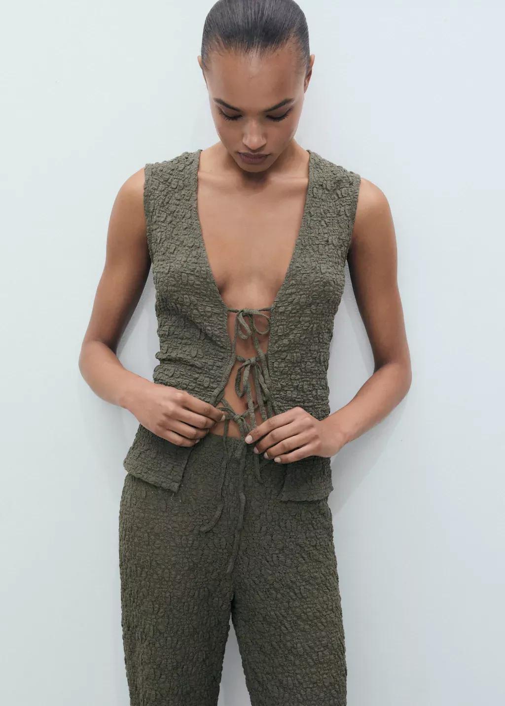 BEIGE - KHAKI Bow texture top, , large image number 0