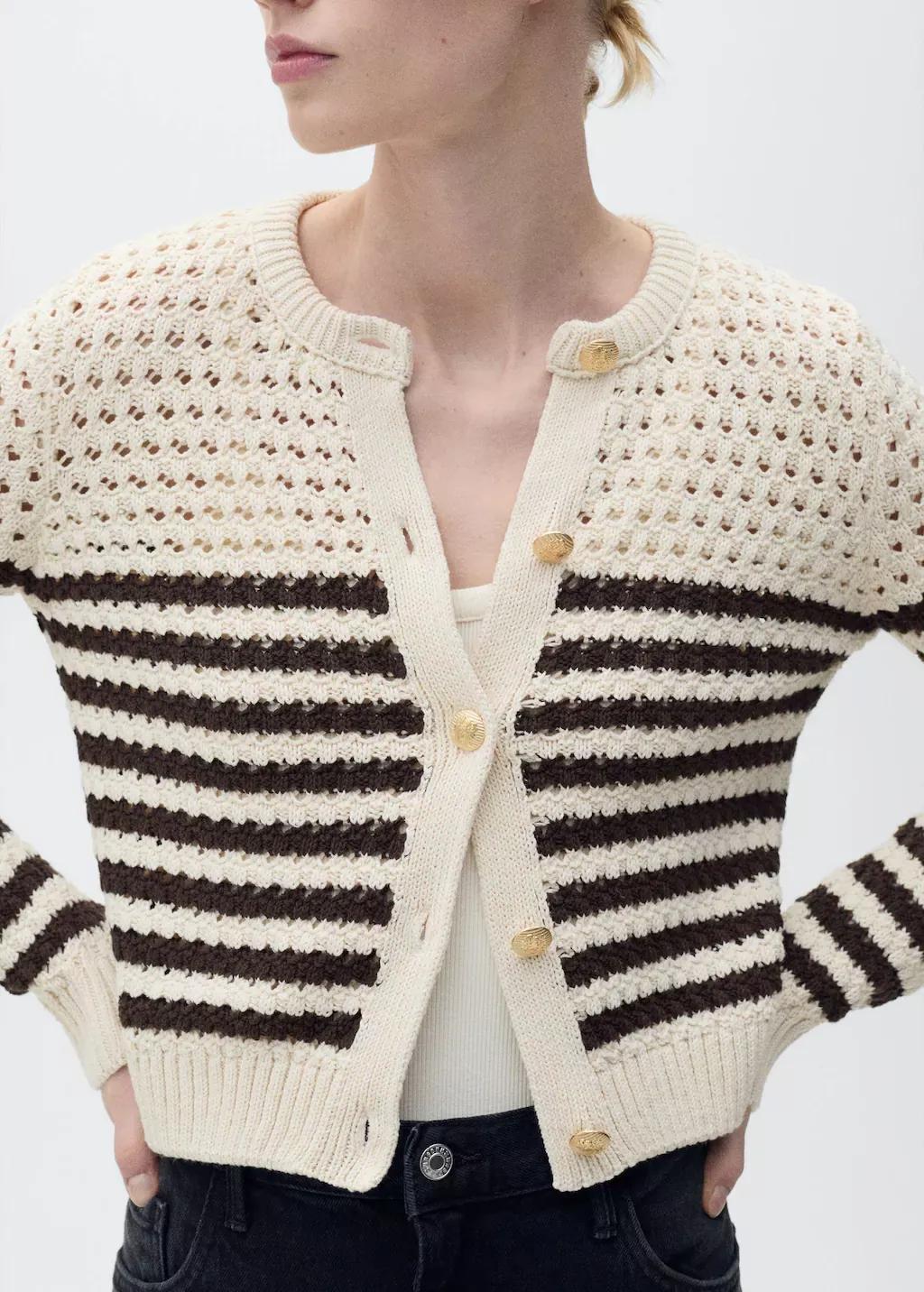 Brown Striped Openwork Knitted Cardigan, , large image number 0