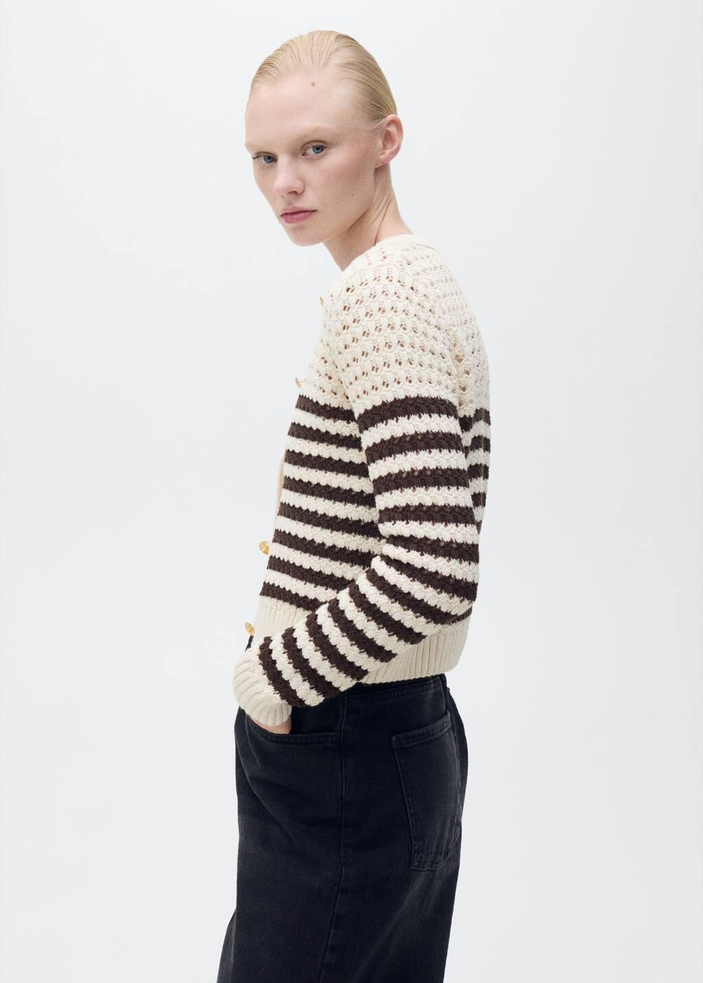 Brown Striped Openwork Knitted Cardigan, , large image number 2
