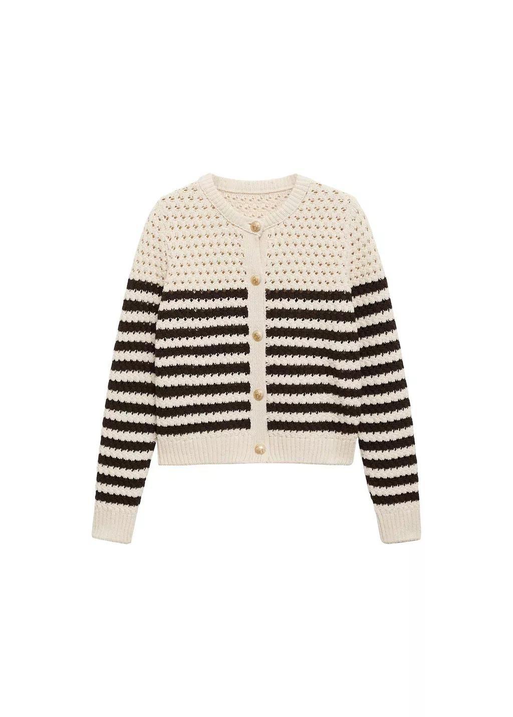 Brown Striped Openwork Knitted Cardigan, , large image number 3