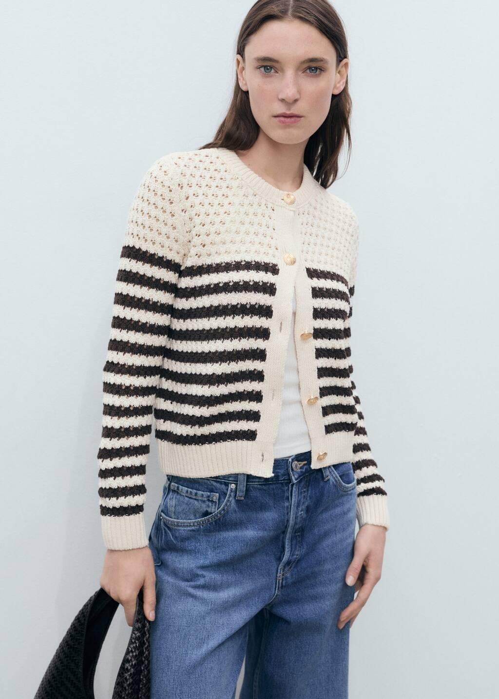 Brown Striped Openwork Knitted Cardigan, , large image number 5