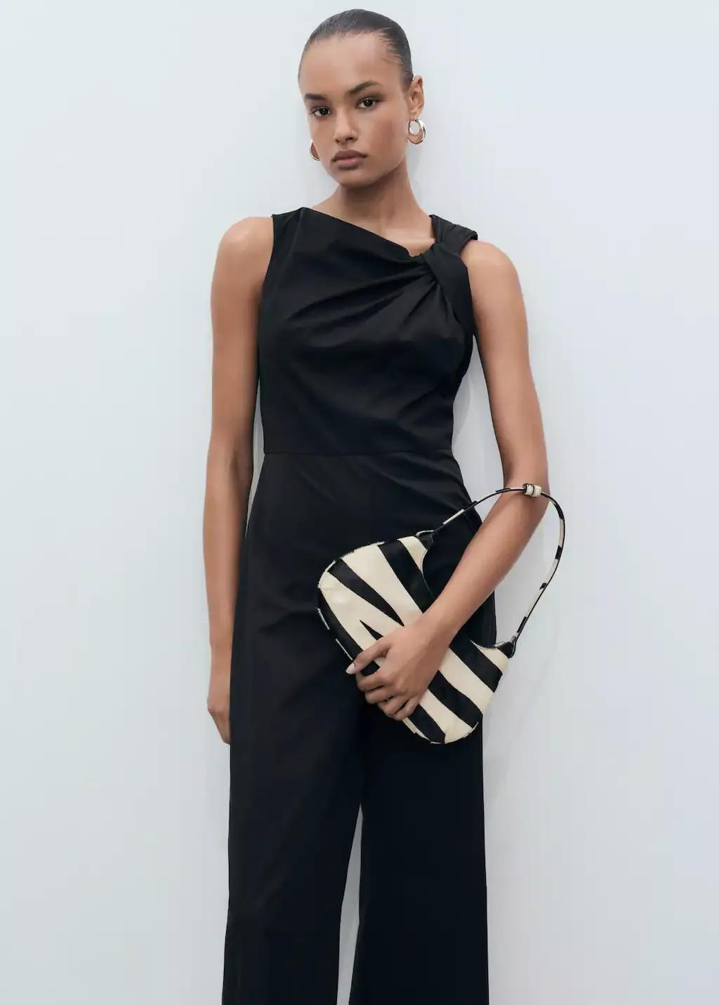 Black Long Culotte Jumpsuit With Draped Neck, , large image number 0