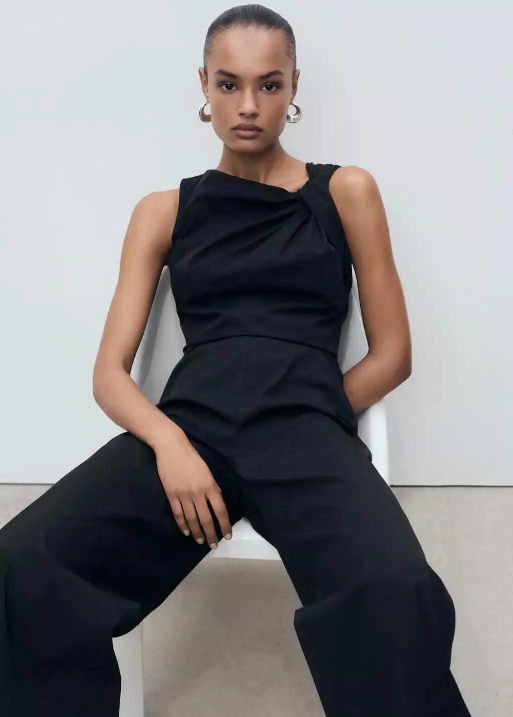 Black Long Culotte Jumpsuit With Draped Neck, , large image number 3