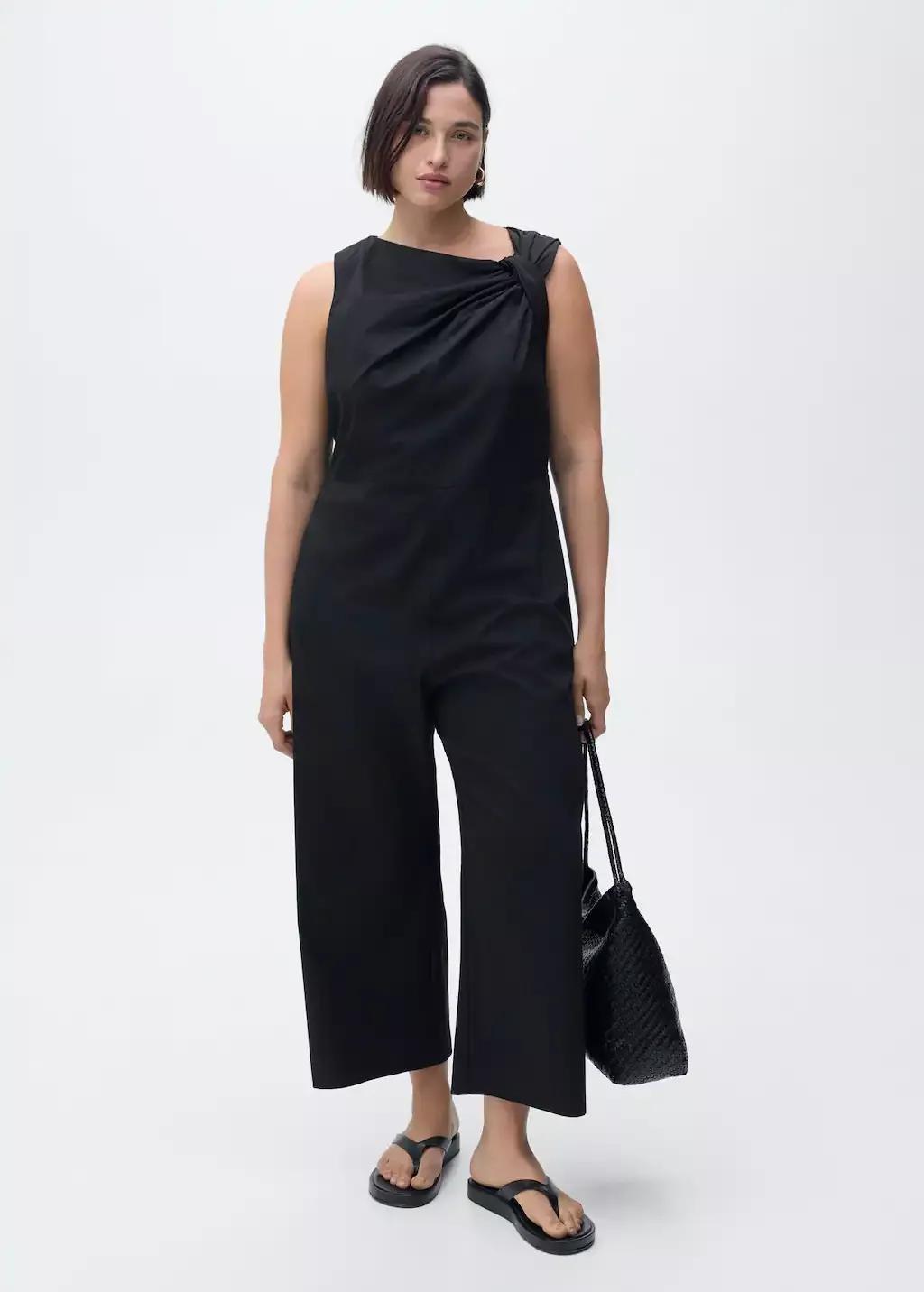 Black Long Culotte Jumpsuit With Draped Neck, , large image number 6