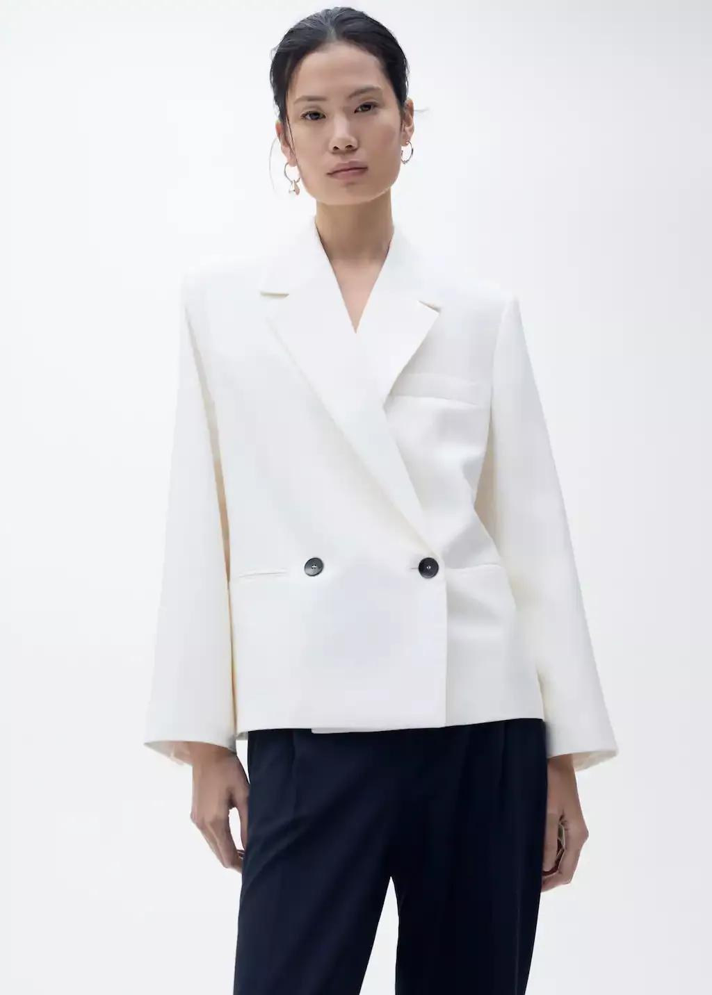 White Contrast Double-Breasted Blazer, , large image number 1