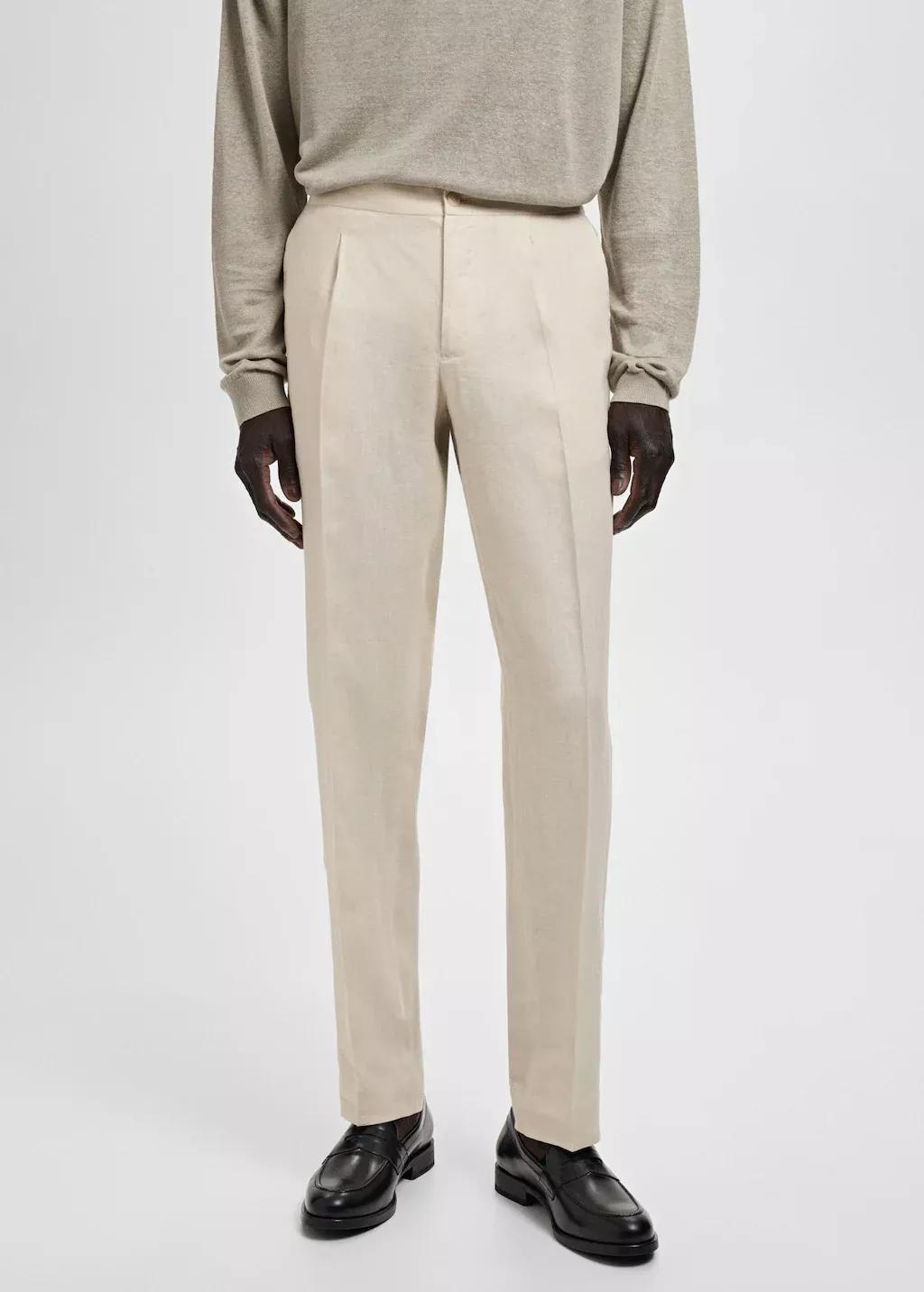 Beige Salerno 100% Linen Slim Fit Suit Trousers, , large image number 1