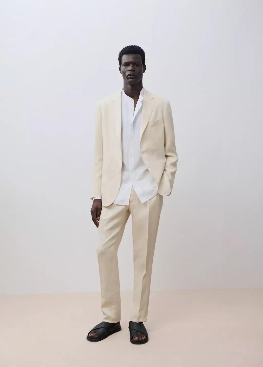 Beige Salerno 100% Linen Slim Fit Suit Trousers, , large image number 6