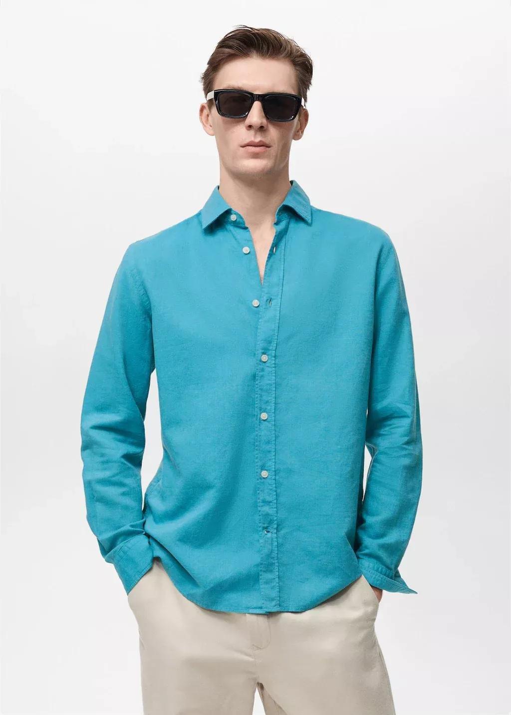 Turquoise Linen-Blend Shirt, , large image number 0