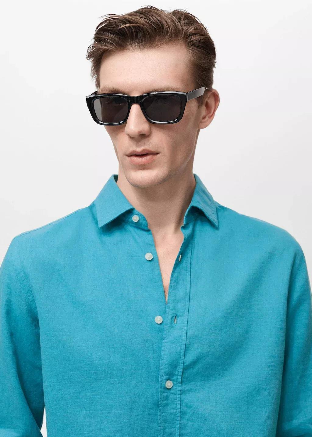 Turquoise Linen-Blend Shirt, , large image number 1