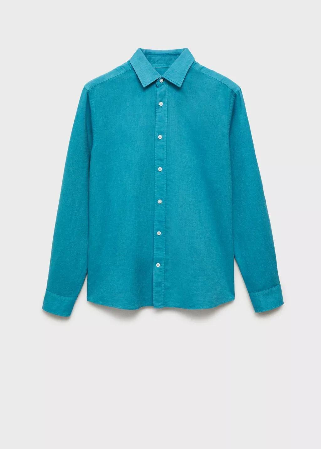 Turquoise Linen-Blend Shirt, , large image number 3