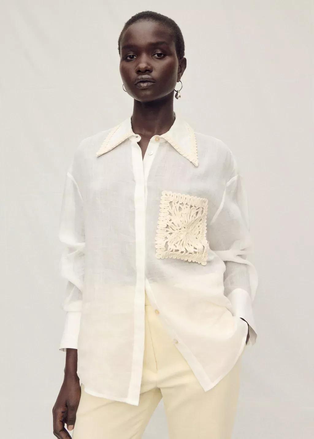 NATURAL WHITE Ramie shirt with embroidered pocket, , large image number 0