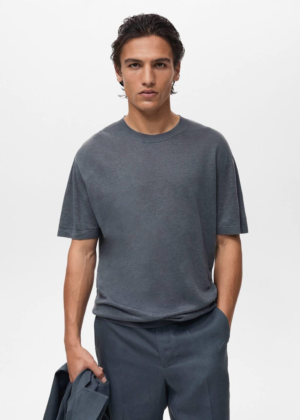 DARK BLUE 100% linen t-shirt with ribbed trim, , large image number 0