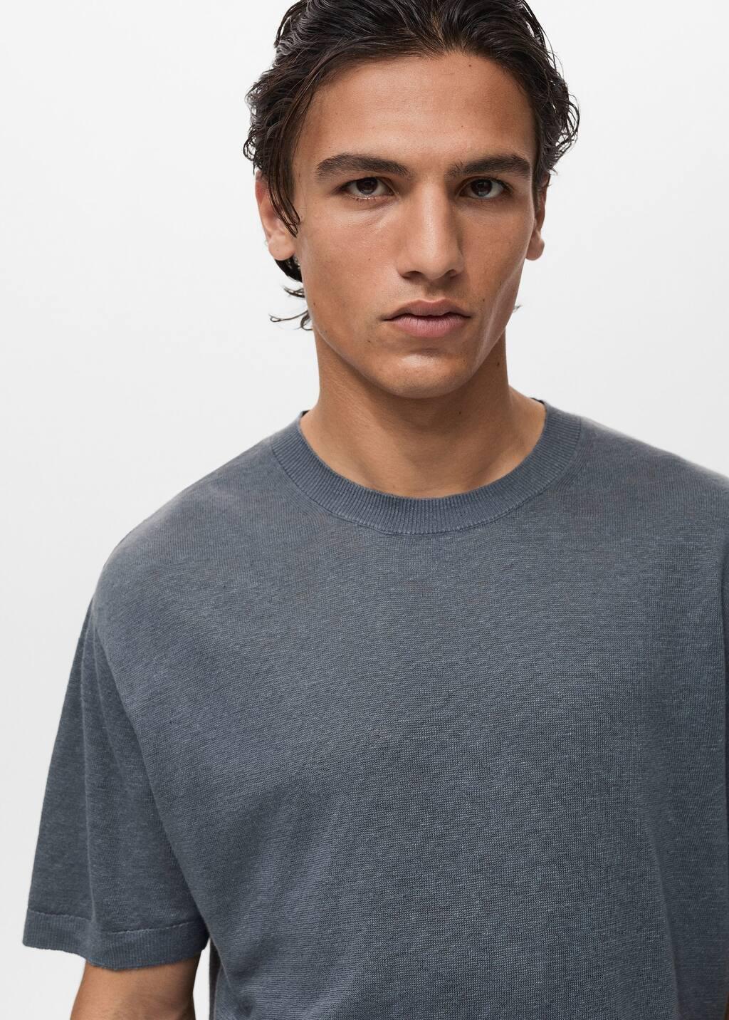 DARK BLUE 100% linen t-shirt with ribbed trim, , large image number 1