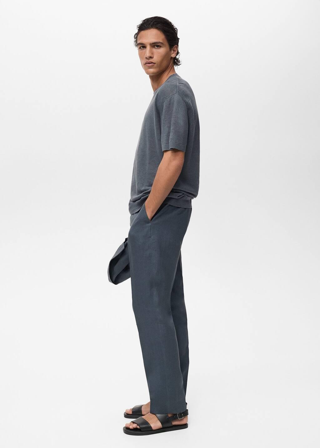 DARK BLUE 100% linen t-shirt with ribbed trim, , large image number 2