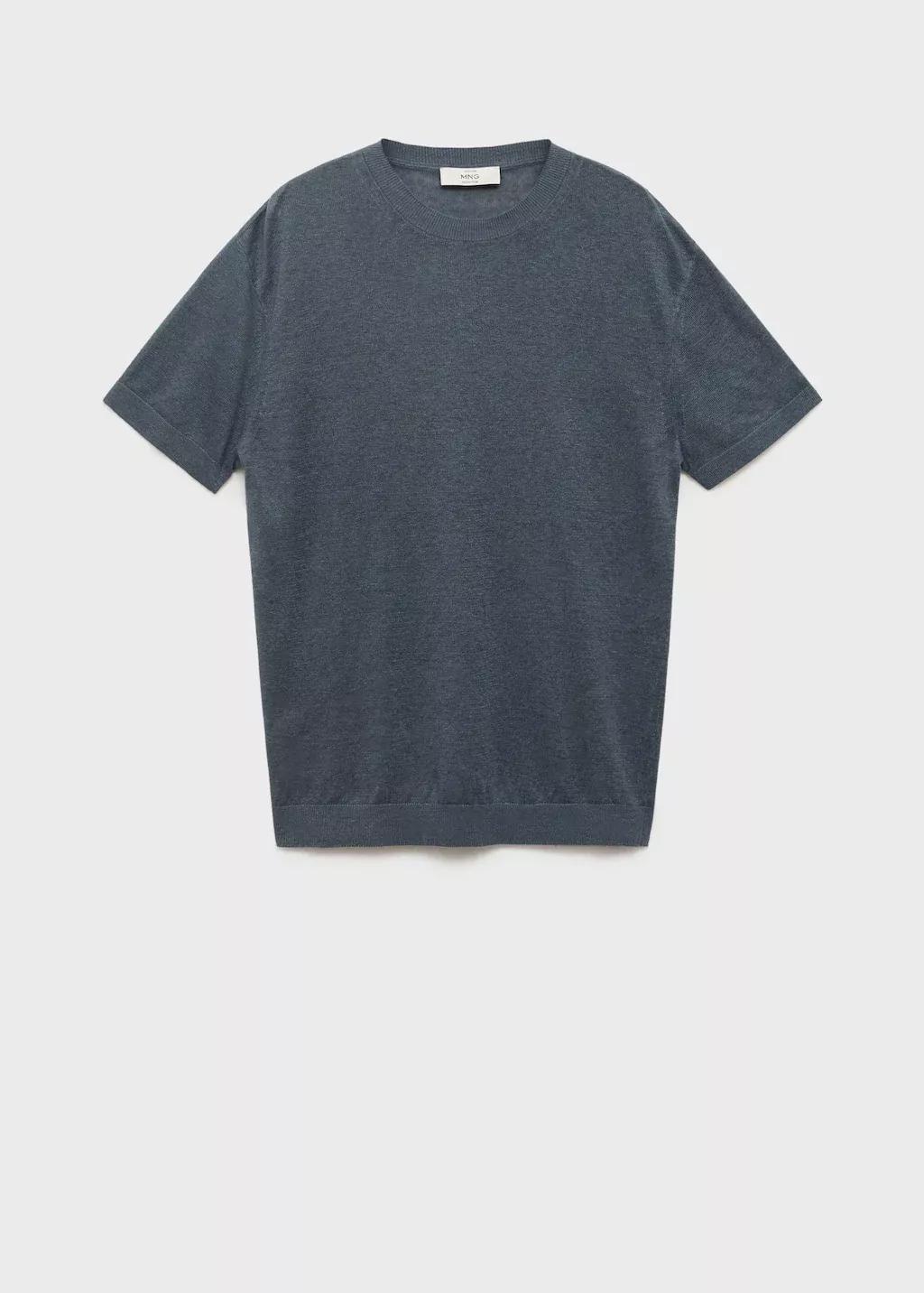 DARK BLUE 100% linen t-shirt with ribbed trim, , large image number 3