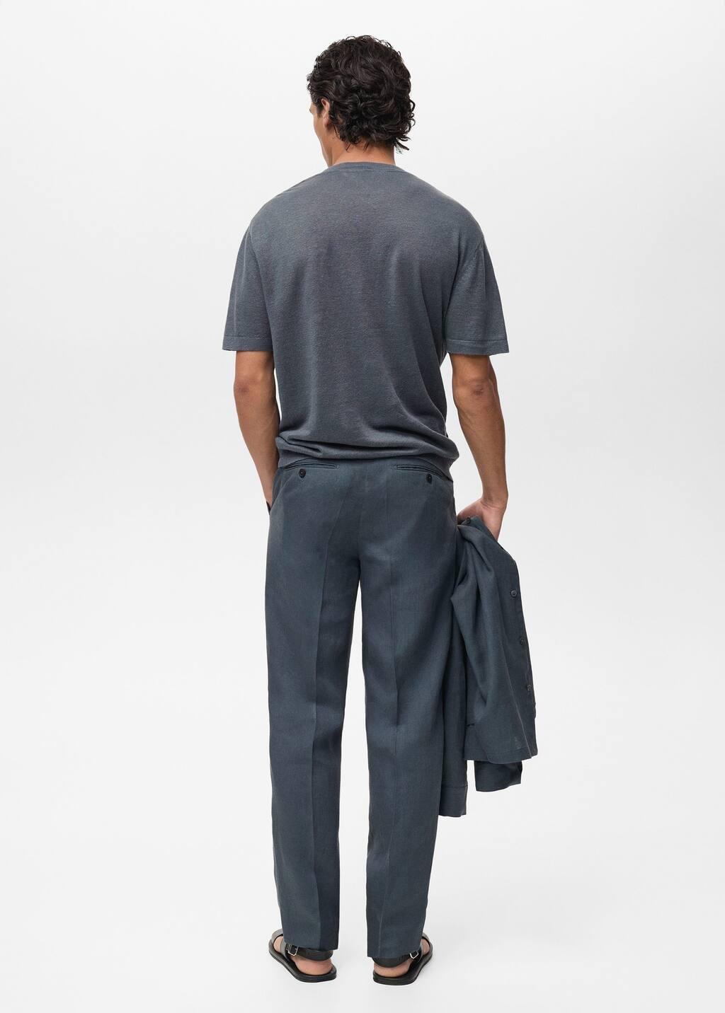 DARK BLUE 100% linen t-shirt with ribbed trim, , large image number 5