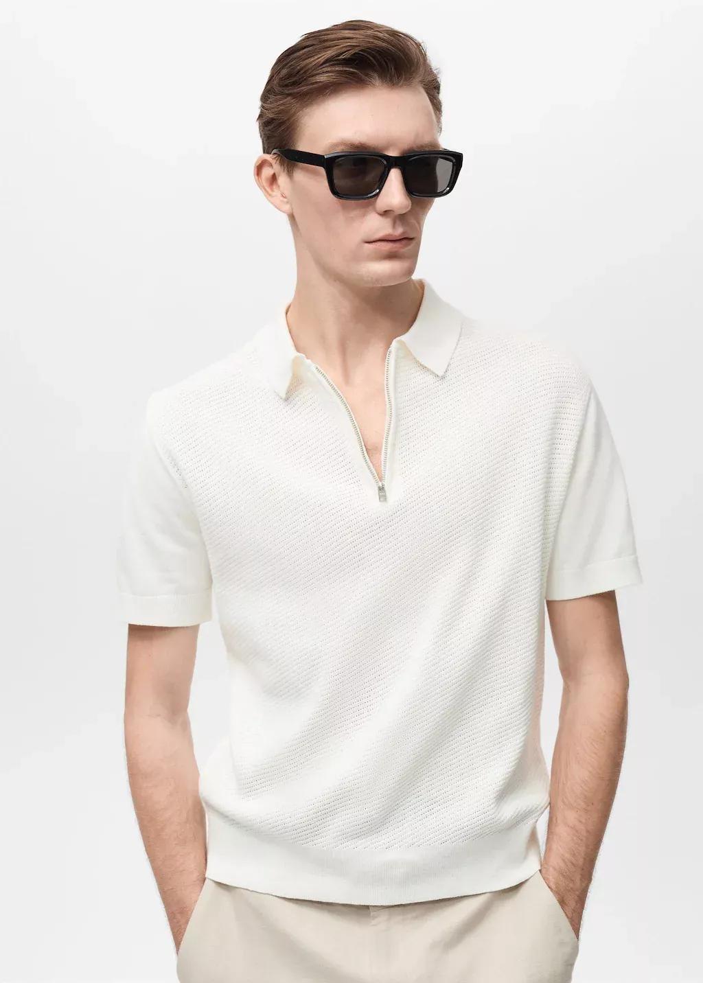 Beige Openwork Knit Polo With Zipper, , large image number 0