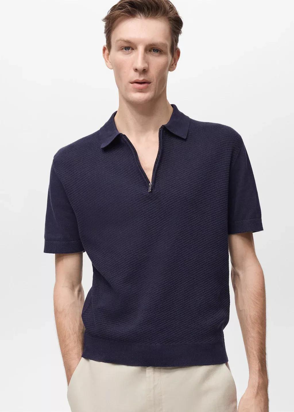 Navy Openwork Knit Polo With Zipper, , large image number 0
