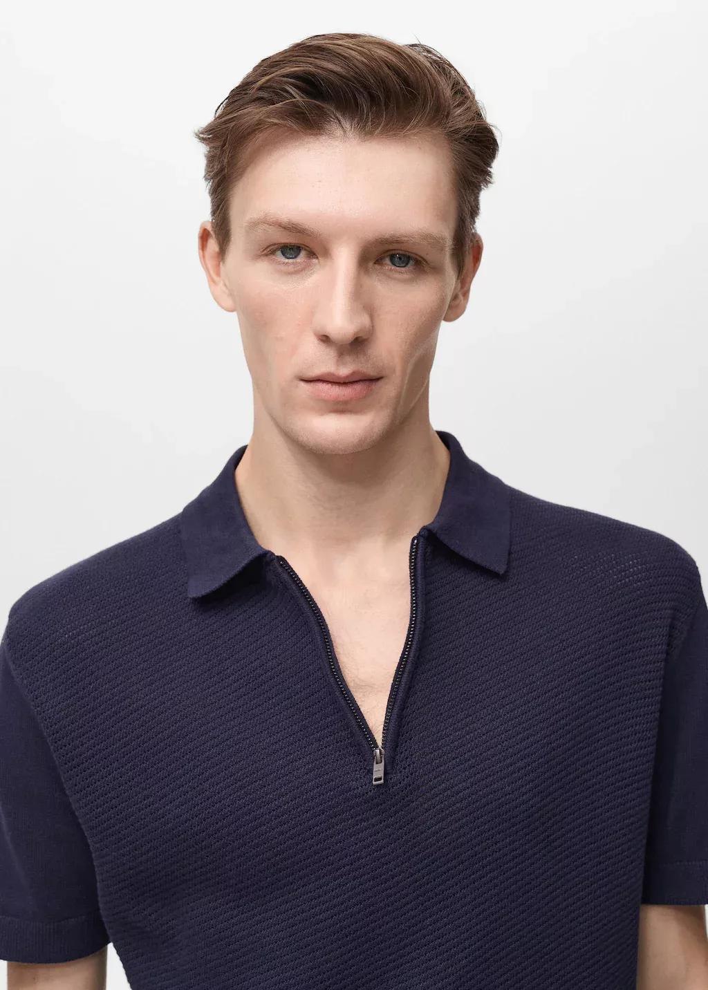 Navy Openwork Knit Polo With Zipper, , large image number 1