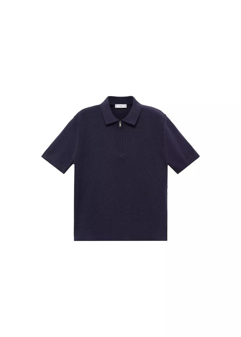 Navy Openwork Knit Polo With Zipper, , large image number 3