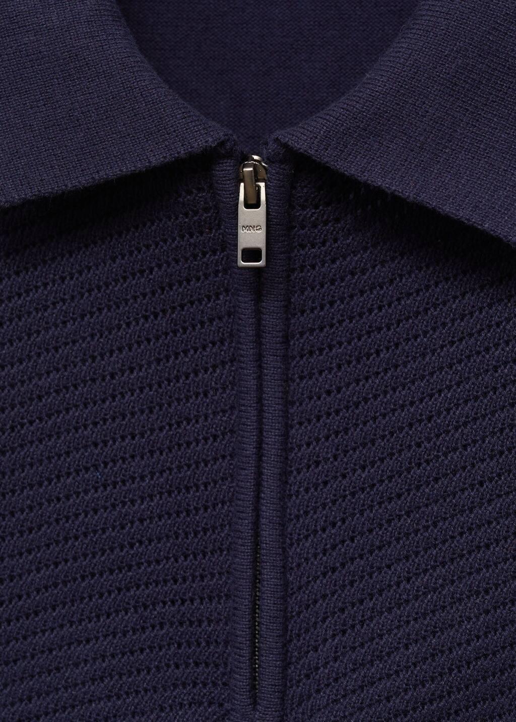 Navy Openwork Knit Polo With Zipper, , large image number 4