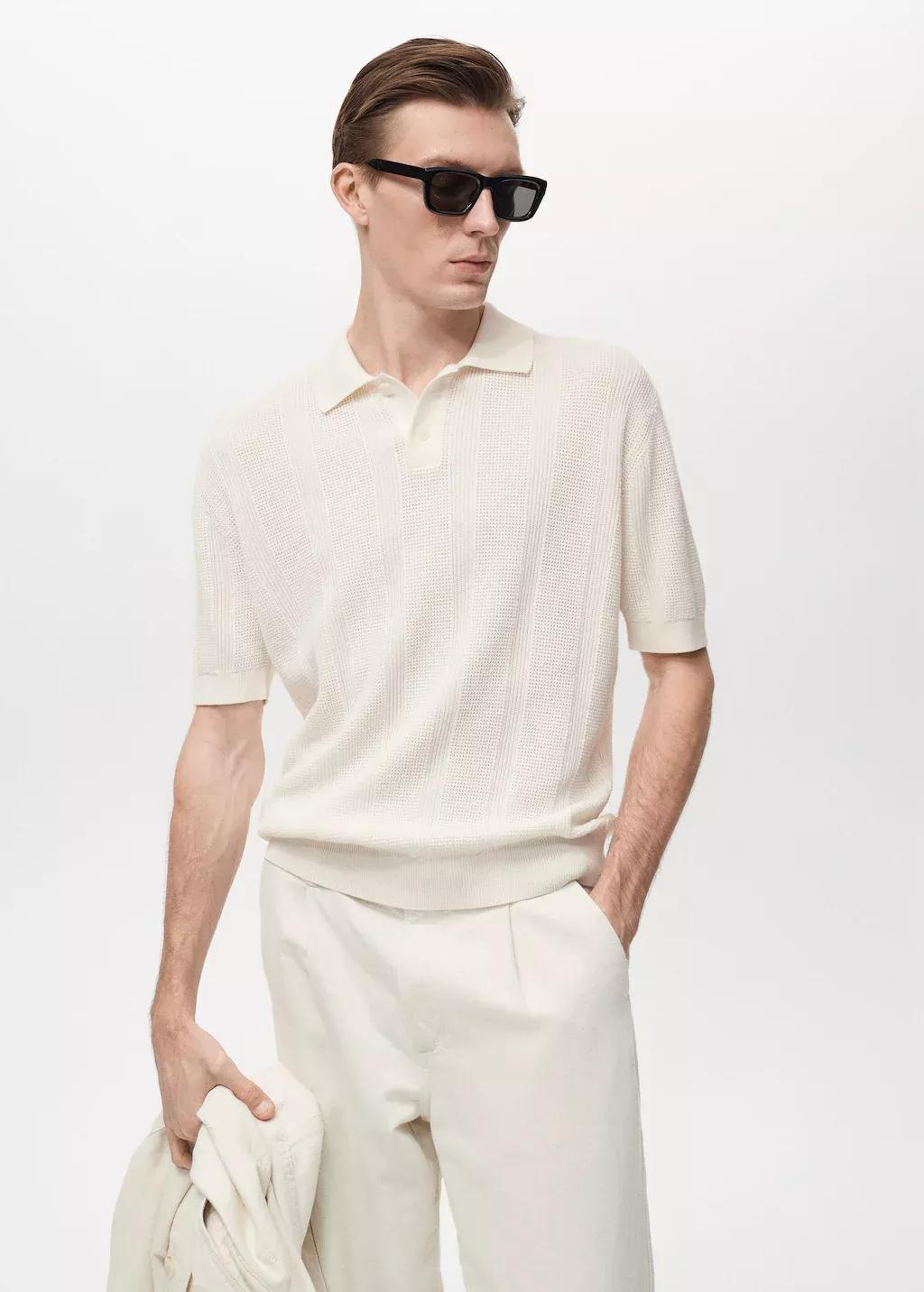 Beige Striped Openwork Knitte Polo Shirt, , large image number 0
